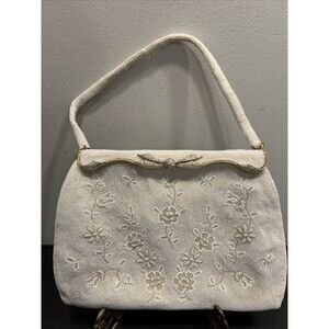 Antique Hand Beaded Purse France Caprice Opera White Floral Handbag Kiss Lock